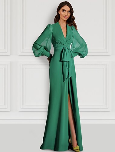  Mermaid Red Green Dress Evening Gown Elegant Dress With Bow Formal Wedding Guest Sweep / Brush Train Long Sleeve V Neck Fall Wedding Guest Chiffon with Slit Strappy 2024