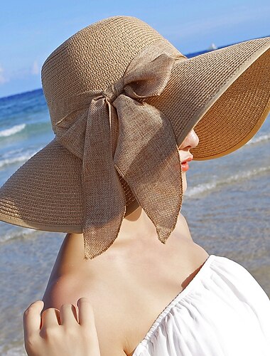  1 Stück Damen 5,5 Zoll großer Bowknot-Strohhut, große schlaffe, faltbare, aufrollbare Strandkappe, Sonnenhut, upf 50