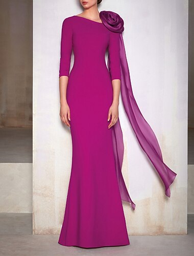  βραδινό φόρεμα γοργόνας / τρομπέτα φλοράλ φόρεμα επίσημο νυφικό φόρεμα δαπέδου μήκους 3/4 μανίκι λαιμόκοψη ελαστικό σιφόν με λουλούδι ώμου 2024