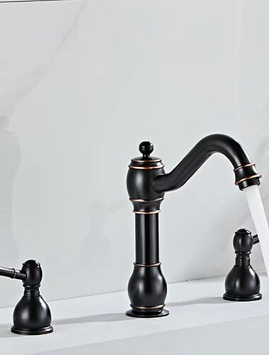  weit verbreitete Waschbecken-Mischbatterie, 360 ° drehbarer Messing-3-Loch-2-Griff-Waschtischarmatur, Deckmontage, Waschraum-Waschbecken-Wasserhahn mit heißem und kaltem Schlauch