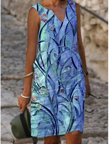  Damen Midikleid Tank-Top Kleid Sommerkleid Kleid drucken Modisch Strassenmode Basic Outdoor Urlaub Strasse Lockere Passform Blumen Blatt Kurzarm V Ausschnitt Gelb Blau Grün Leicht Blau Sommer Frühling