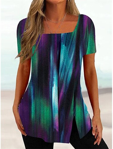  T-Shirt Tunika für Damen in Übergröße, Basic, Blumenmuster, Streifenmuster, kurzärmlig, normale Oberteile, quadratischer Ausschnitt, lässig, Urlaub, schwarz, weiß, rosa, lila, dunkelgrau