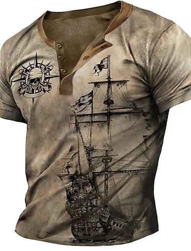  Męskie Koszula Henley Raglanowa koszulka Graficzny Statek Czaszki Henley Odzież Druk 3D Na zewnątrz Codzienny Krótki rękaw Niejednolita całość Nadruk Moda Designerskie Wygodny