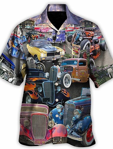  Herre Bil Skjorte Hawaii skjorte Aloha skjorte Kortermet Skjorte Aftæpning Tropisk Mote Hawaiisk Avslappet Strand Hawaiisk Blå Gul Rød S M L