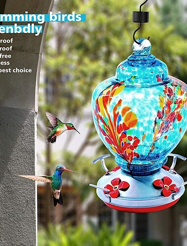  Mangeoire à colibris, mangeoire à oiseaux en verre avec verre soufflé à la main de couleur, mangeoires à colibris à capacité de nectar étanche, mangeoires à oiseaux de jardin avec crochet à douves faciles à nettoyer et à remplir