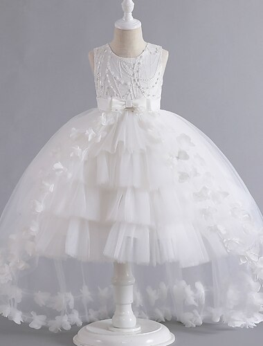  Prinzessin Boden-Länge Blumenmädchenkleid Schneeweiß Mädchen Süßes Ballkleid Tüll mit Blütenblätter Strahlend & Funkelnd Fit 3-16 Jahre