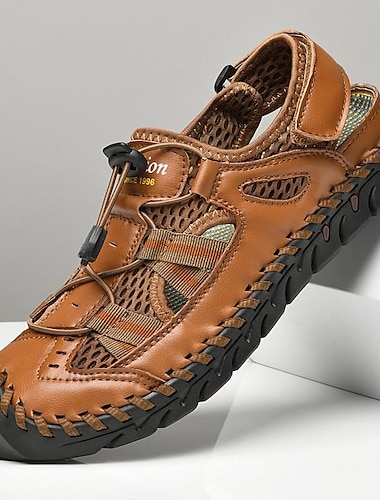  Sandales d'extérieur respirantes en similicuir pour hommes – Chaussures de pêcheur à bout fermé avec lacets élastiques réglables pour la randonnée, la marche et les vêtements d'été décontractés