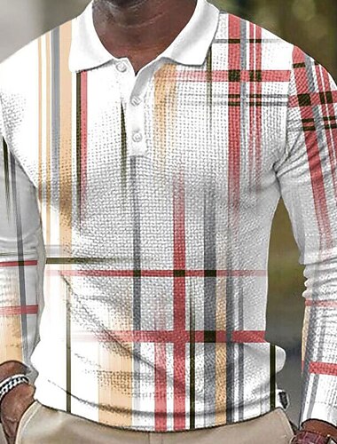  Herre Ternet Vaffel poloskjorter Golftrøje Langærmet Polo skjorter Skjorter med krave Årgang Afslappet Ferietøj Formel beklædning Festivaltøj Knapper 3D-udskrivning Sort Hvid Gul