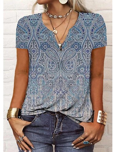  Damen T Shirt Henley Hemd Grafik Paisley-Muster Vintage Basic Kurzarm V Ausschnitt Normale Oberteile Täglich Wochenende Druck Schwarz Rote Blau