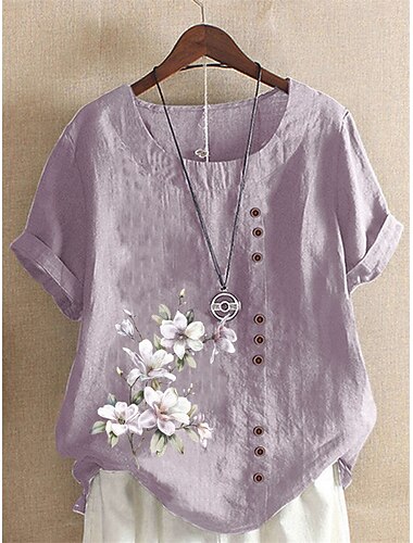  Dameshemd Linnen Shirt Blouse Bloem Linnen Vintage Basis Vakantie Korte Mouw Crew Neck Reguliere Tops Dagelijks Knopen Print Wit Geel Roze Lavendel Groen Zomer Lente