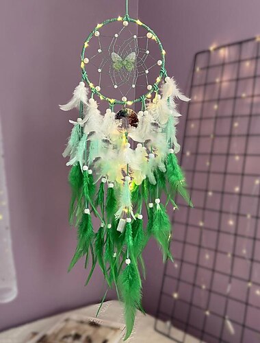  Atrapasueños verde anillo de mariposa regalo hecho a mano con pluma verde colgante de pared decoración arte campanas de viento estilo boho coche colgante hogar colgante