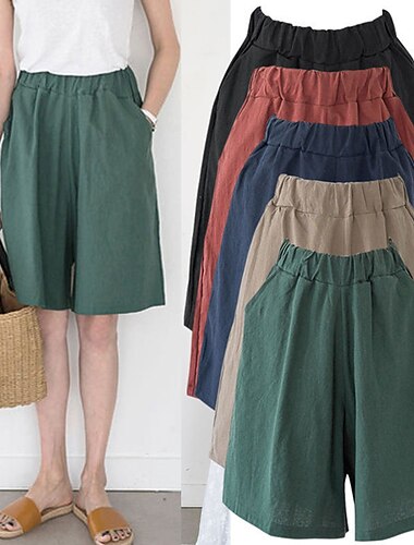  Mujer Pantalones cortos de lino y algodón Perneras anchas Pantalón corto Moda Longitud de la rodilla Color sólido Bolsillos laterales Perneras anchas Comodidad Rígido Casual Diario Negro Rojo Azul