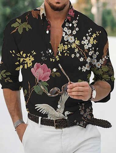  Herren Blumen Hemd Langarm Sport Modisch Strassenmode Outdoor Casual Täglich Herbst Winter Umlegekragen Bedruckt Button-Down Schwarz Weiß Rosa Dunkelgrün Beige