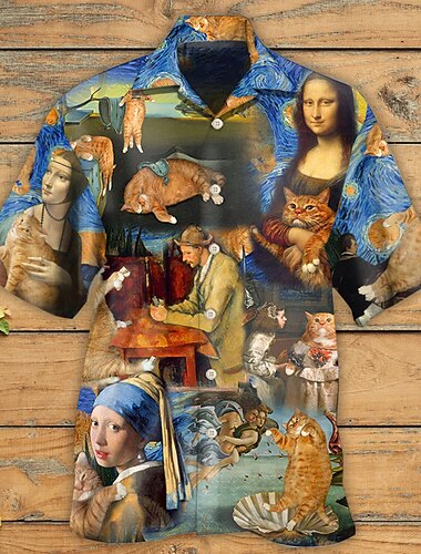  Voor heren Kat Tropisch Olieverfschilderij Overhemd Hawaiiaans overhemd Aloha-shirt Korte mouw Overhemd Strijkijzer Tropisch Modieus Hawaii Casual Hawaii Feestdagen Rood blauw Bruin S M L