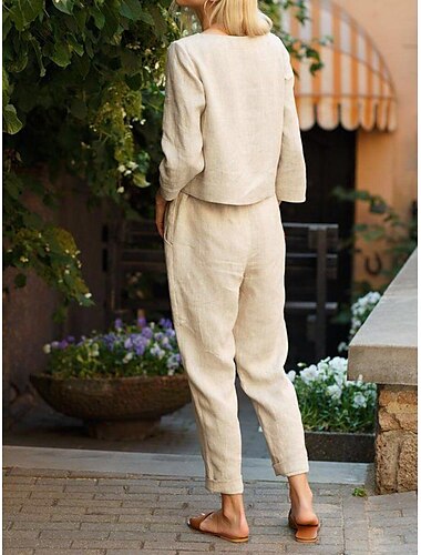  Damen Loungewear Zweiteiler schlicht lässig bequem einfarbig Taschenhemd Baumwolle Leinen Sets Hose Urlaub Zuhause Alltag Langarm Rundhalsausschnitt schwarz blau orange beige Sommer Frühling