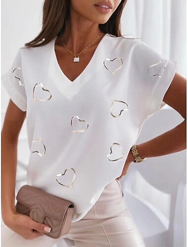  bluză tricou de damă imprimeu de bază cu inimă mânecă dolman mânecă scurtă topuri obișnuite cu decolteu în V casual alb roz albastru