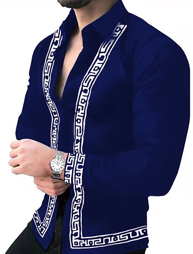  Per uomo Geometria Camicia Manica Lunga Moda Streetwear Designer Casuale Quotidiano All'aperto Autunno & Inverno Collo ripiegato Stampato Bottonato Blu Bianco Blu Reale Viola Oro