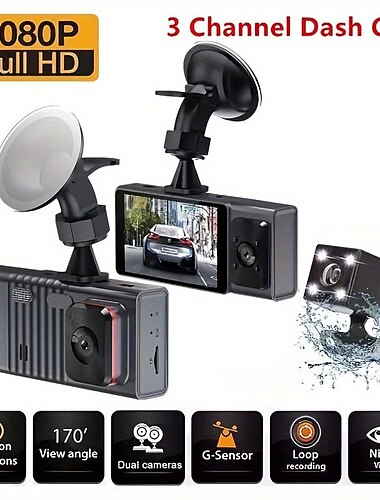  3 canaux dash cam avant et arrière à l'intérieur 1080p dash ir vision nocturne enregistrement en boucle caméra dvr de voiture avec écran ips de 3 pouces 3 caméras voiture dashcam