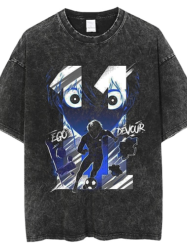  Blaues Schloss Isagi Yoichi T-Shirt-Ärmel Übergroßes Acid Washed T-Shirt Bedruckt Grafik Für Paar Herren Damen Erwachsene Säurewäsche Casual