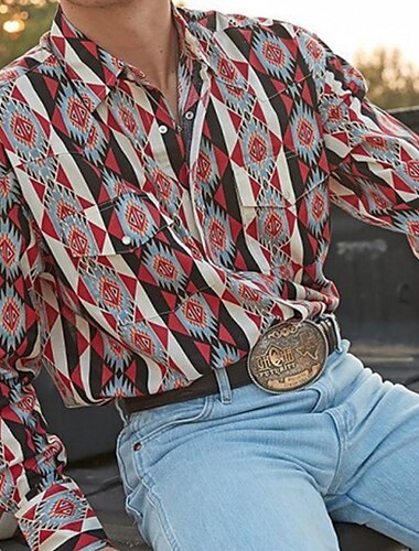  Hombre Estampados Cosecha Geometría Camisa camisa occidental Camisa vaquera Manga Larga Moda Ropa de calle Design Exterior Diario Otoño invierno Cuello Vuelto Estampado Abotonar Rojo Azul Piscina