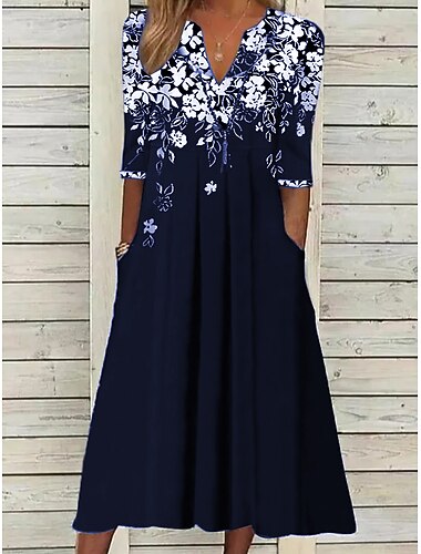  Damen Midi Kleid Tunika Kleid Florale Tasche V-Ausschnitt Midi Kleid Elegant Stilvoll Alltagsdatum Halblange Ärmel Sommer Frühling