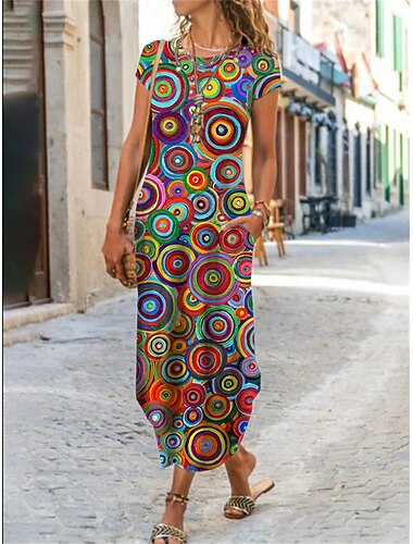  نسائي فستان طويل لباس غير رسمي لباس صيفي فستان مطبوع كلاسيكي كاجوال ناضجة مناسب للبس اليومي عطلة مناسب للعطلات عادي ورد الرسم ألوان متناوبة كم قصير رقبة عالية مدورة أزرق أسود أبيض أصفر الصيف الربيع