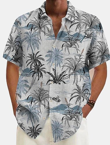  Herr linneskjorta Strandskjorta Hawaii skjorta Knapp upp skjorta Kokosnötsträd Semester Hawaiisk Vit Grön Kaki Mörkblå Kortärmad Kavajslag Vår & sommar Kläder Mönster