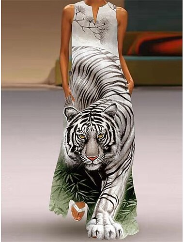  dames pauwenveer dier casual jurk lange jurk maxi jurk shift jurk zomerjurk casual outdoor dagelijks weekend pocket print mouwloze v-hals jurk regular fit wit geel rood lente zomer