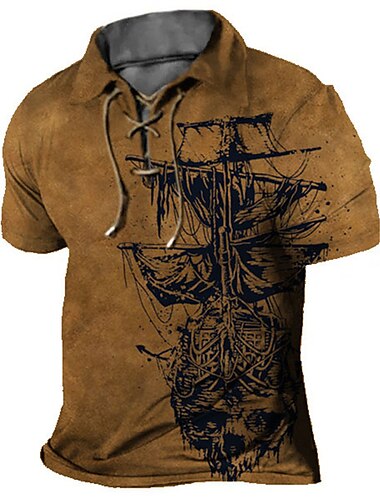  Herren Grafik-Drucke Vintage Schiff Poloshirt Golfhemd Kurzarm Hemd Umlegekragen Outdoor Strasse Meerblau Blau Braun Khaki Grau Kordelzug Bedruckt Bekleidung Sport Modisch Strassenmode Designer