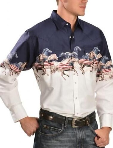  Voor heren dier Paard Grafische prints Overhemd Westers overhemd Cowboyshirt Lange mouw Modieus Ontwerper Casual Dagelijks Buiten Herfst winter Strijkijzer Afdrukken Button-omlaag Wit Lichtgroen