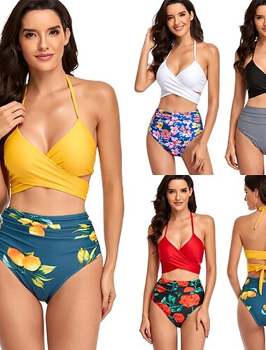  2 pcs Купальники Бикини Swimsuits Ретро 1950-е года Жен. Цветочный принт Полиэстер Черный Белый Бюстгальтер Классические