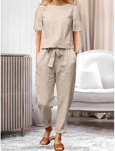  Conjuntos de dos piezas para estar en casa para mujer, moda sencilla e informal, color puro, bolsillos, conjuntos de algodón y lino, camiseta, pantalón, cita callejera, aeropuerto, media manga, cuello redondo, verde militar, naranja, caqui, azul oscuro, v