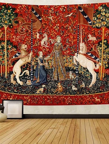  middelalderlig dame hængende gobelin vægkunst stort gobelin vægmaleri indretning fotografi baggrund tæppe gardin hjem soveværelse stue dekoration