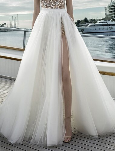  Beach Simple Wedding Dresses A-Line Separates Separates Court Train Tulle Bridal Skirts Bridal Gowns With Split Front Solid Color 2024