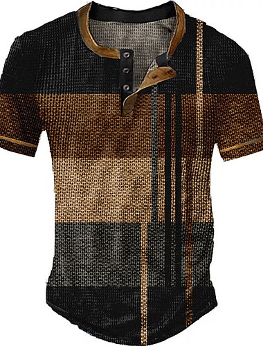  Муж. Вафельная рубашка Henley Футболки Винтажная рубашка Мода Оригинальный рисунок Классический Рубашка Графика Контрастных цветов С короткими рукавами Рубашка Синий Лиловый Коричневый