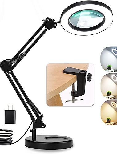  Flexible Clamp-on Table Lamp with 8x Magnifier Glass Swing Arm Dimmable Illuminated Magnifier LEDs Desk Light 3 Color Modes Lamp