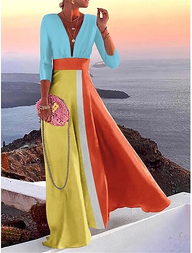  abito casual da donna color block patchwork scollo a V maxi abito lungo casual quotidiano manica 3/4 estate primavera