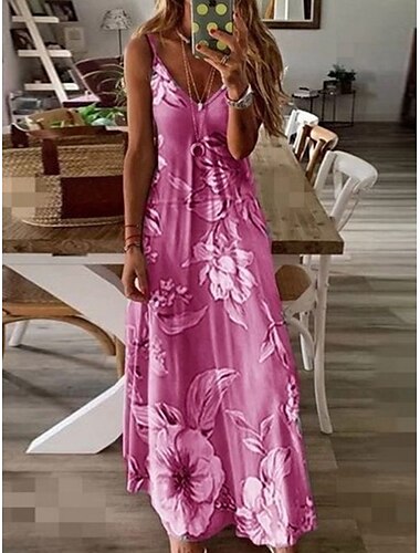  Damen Maxi Kleid Sonnenkleid A-Linie Kleid Floral Kleid Mode Modern Freizeit Urlaub Alltag Reguläre Passform Floral Ärmellos V-Ausschnitt Pink Blau Lila Fuchsia Sommer Frühling