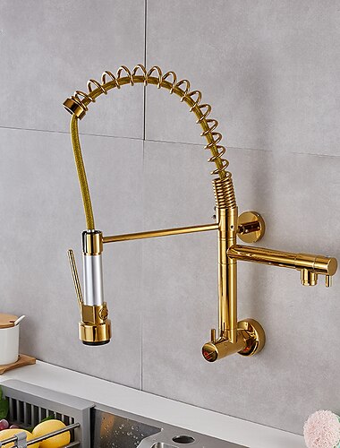  Wall Mounted Kitchen Sink Faucet Only Cold Water Pull Down Sprayer, 360 Swivel Pull Out Kitchen Taps 2 Sprayer Mode Vessel Water Tap Gold Black Chrome