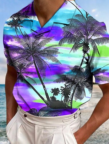  בגדי ריקוד גברים עץ קוקוס הדפסים גרפיים שקיעה חולצות פולו חולצות פולו הוואי חולצת גולף שרוול קצר חולצה צווארון קובני בָּחוּץ רחוב צהוב אודם פול סגול תלתן דפוס ביגוד אופנתי מעצב יום יומי נושם