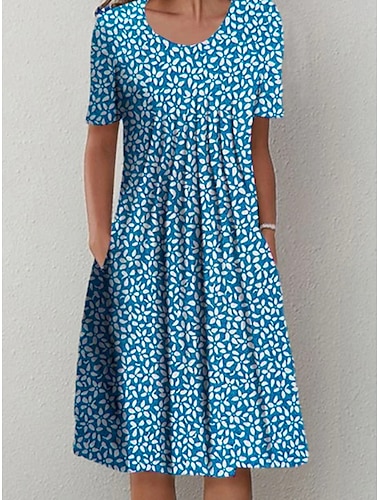  Dames Casual jurk Halflange jurk blauw Korte mouw Bloemig Met ruches Lente Zomer Strakke ronde hals Basic 2023 S M L XL XXL 3XL