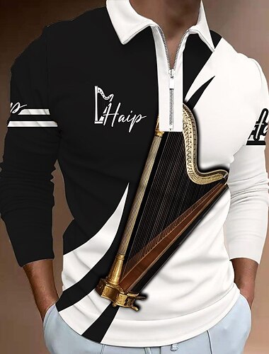  פסטיבל מוזיקה בגדי ריקוד גברים מוסיקה חולצות פולו עם רוכסן חולצת גולף שרוול ארוך חולצות פולו חולצות עם צווארון יום יומי בגדי נופש בגדי פסטיבלים תלבושות למסיבה הדפסת תלת מימד רבע זיפ פולו שחור לבן צהוב