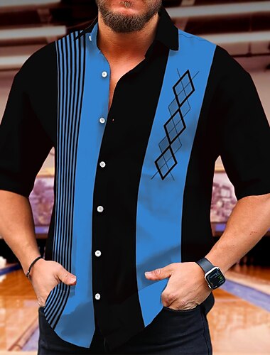  男性用 シャツ ボタンアップシャツ サマーシャツ ボーリングシャツ 幾何学模様 グラフィック 折襟 ブラック ワイン ルビーレッド ブルー 日常 バケーション 半袖 プリント 衣類 ファッション 1950年代風 カジュアル 快適