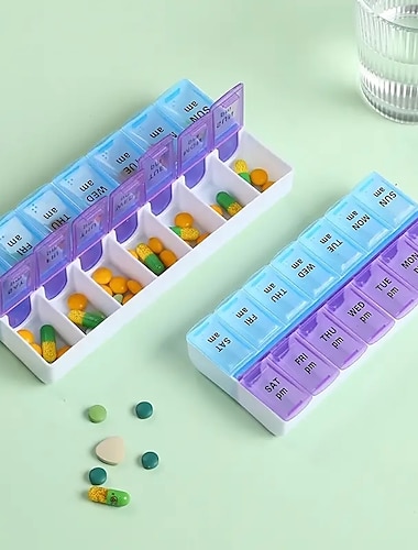  קופסת גלולות 1 יחידה קופסת אחסון לתרופות מכסה פתוח להפרדת קופסת גלולות מיכל גלולות 14 תאים מנה בשבוע בבוקר ובצהריים.