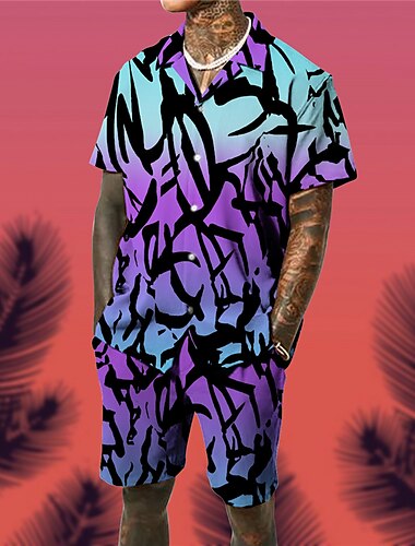  Herren Grafikdrucke Geometrie Hemden-Sets Hemd Set Sommer Hawaiihemd Kurzarm Kubanisches Halsband Tropisch Mode Hawaiianisch Straße Lässig Hawaiianisch Druck Sommer Frühling Weiß Rote Blau