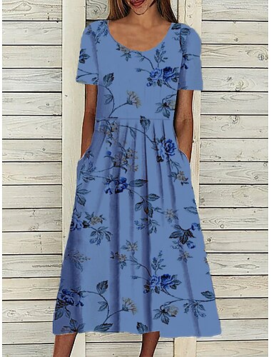  Damen Midi Kleid Lässiges Kleid Blumen Druck Raffung Druck Rundhals Basic Lässig Alltag Kurzarm Sommer Frühling