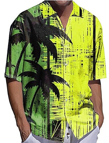  Homens Coqueiro pôr do sol Plantas Tropicais Camisa Social Camisa havaiana Camiseta Aloha Manga Curta Camisa Aberto para a Lateral Moda Roupa de rua Designer Ao ar livre Rua Casual Branco Amarelo Azul