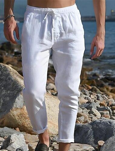  Homens Calças de linho Calças Calça verão Bolsos Com Cordão Tecido Conforto Respirável Mimolet Casual Diário Para Noite Simples Casual Preto Branco Micro-Elástica