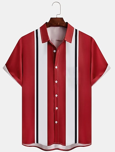  男性用 シャツ ボタンアップシャツ カジュアルシャツ サマーシャツ ボーリングシャツ ブラック ワイン レッド 半袖 ストライプ 折襟 ストリート バケーション フロントポケット 衣類 ファッション 1950年代風 カジュアル 快適