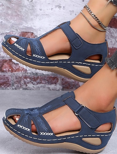  Women's Sandals Wedge Sandals Platform Sandals Outdoor Daily Beach Solid Color Summer Embroidery Wedge Heel Round Toe Elegant Casual Minimalism Faux Leather Magic Tape Black Blue Purple